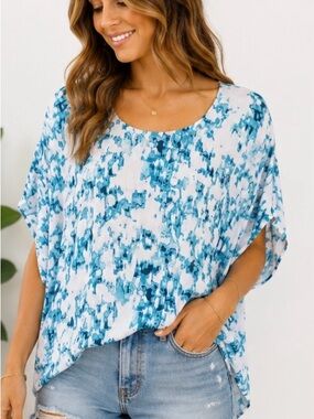 Splendid Blue Watercolor Tie Dye Dolman Sleeve Blouse Top XS Oversized Rayon